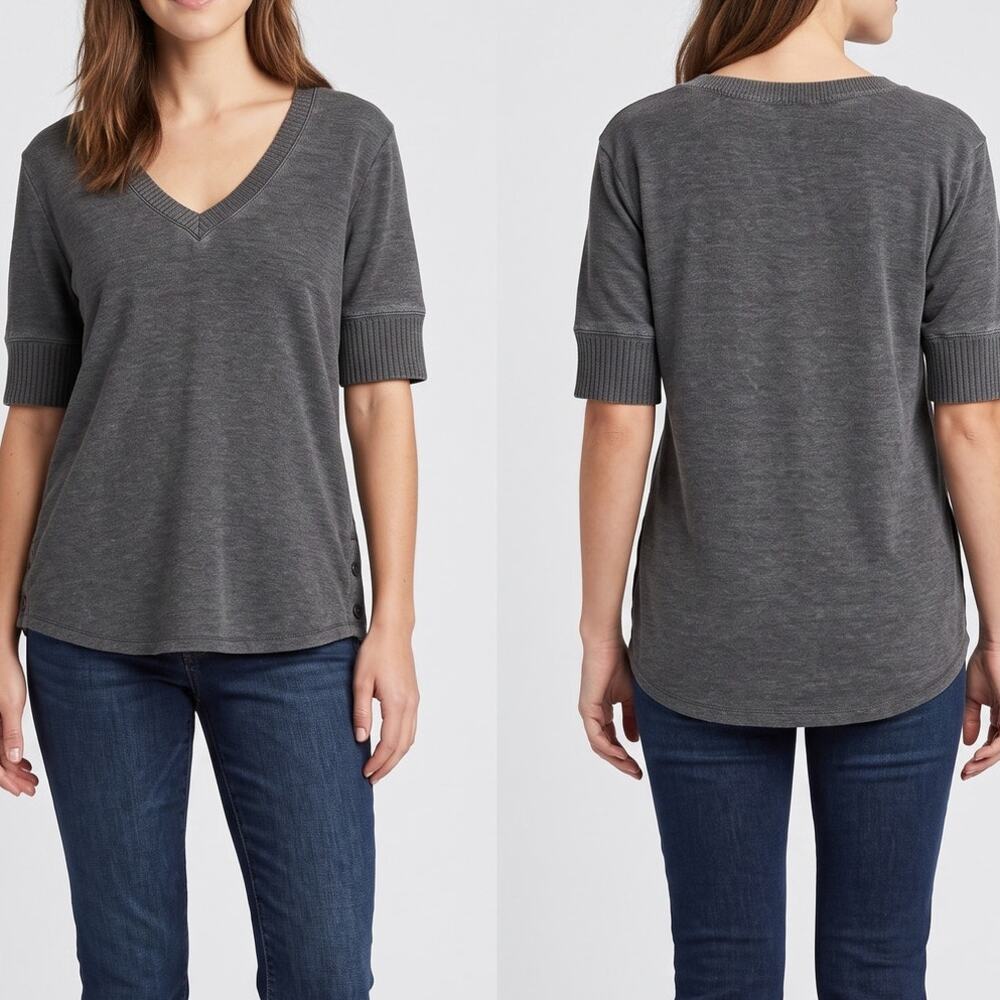 Jane + Delancey Womens Small V Neck Gray Short Sleeve Sweatshirt